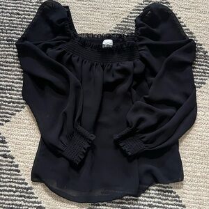 Aritzia Wilfred Black Smocked Top with sheer sleeves